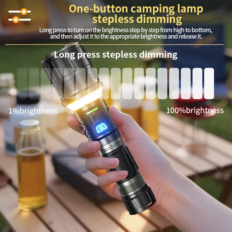 50W white laser flashlight that is extremely bright and has long-range capabilities. The lotus-shaped head can break windows