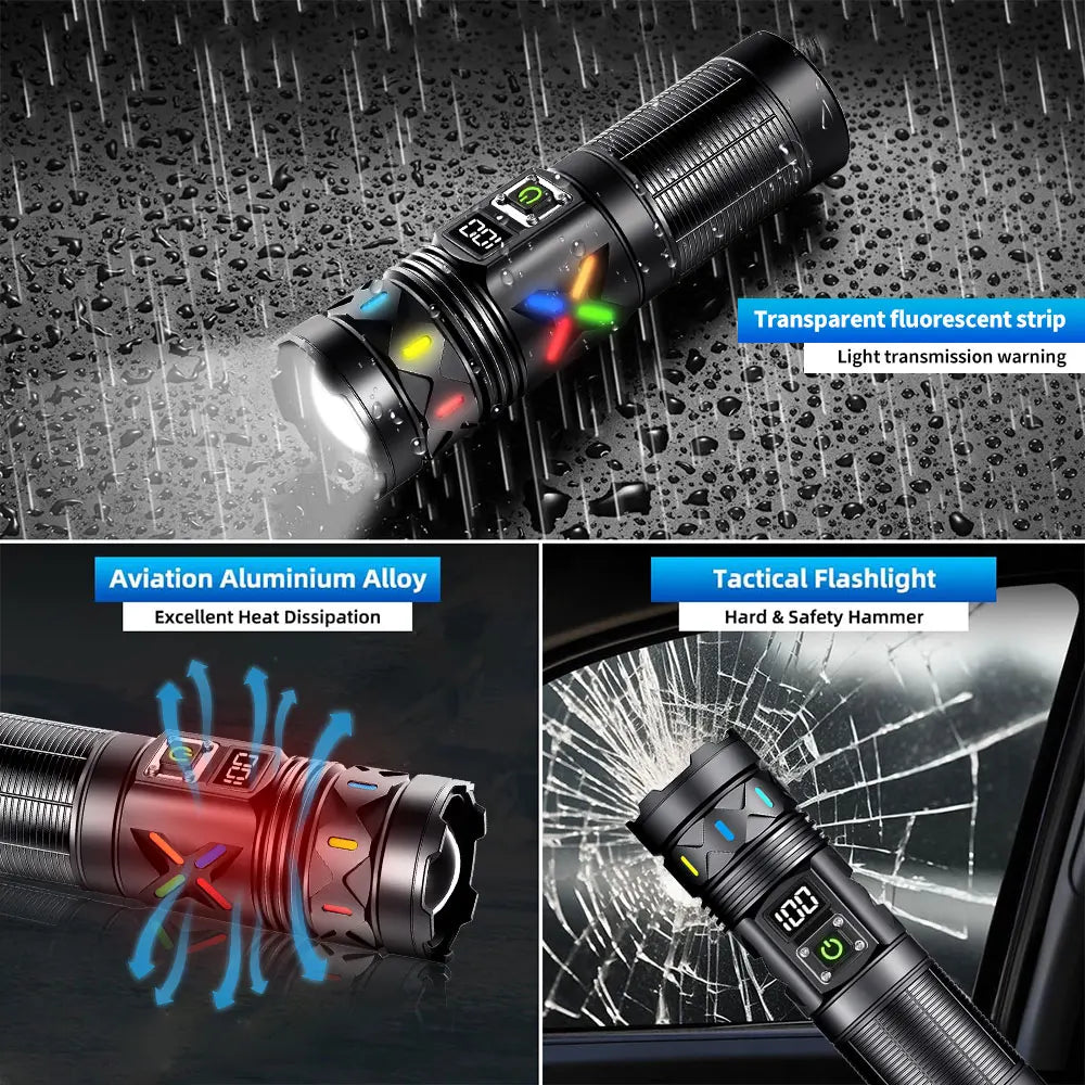 High Power Rechargeable LED Tactical Flashlight 6600MAH Aluminum Alloy Telescopic Zoom Torch Lamp for Outdoor Camping Fishing
