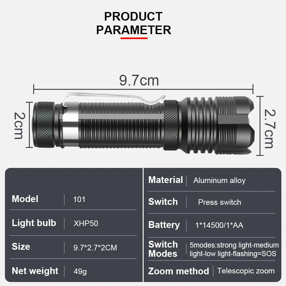 Portable LED Flashlight IPX4 Waterproof XHP50 Torch Zoomable 5 Lighting Modes Mini Lantern For Outdoor Camping Fishing Biking