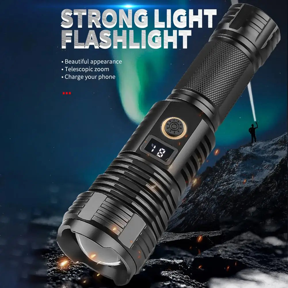 Outdoor Led Flashlight Ip67 Waterproof Powerful Digital Display Zoom Type-c Usb Rechargeable Work Light Xhp70
