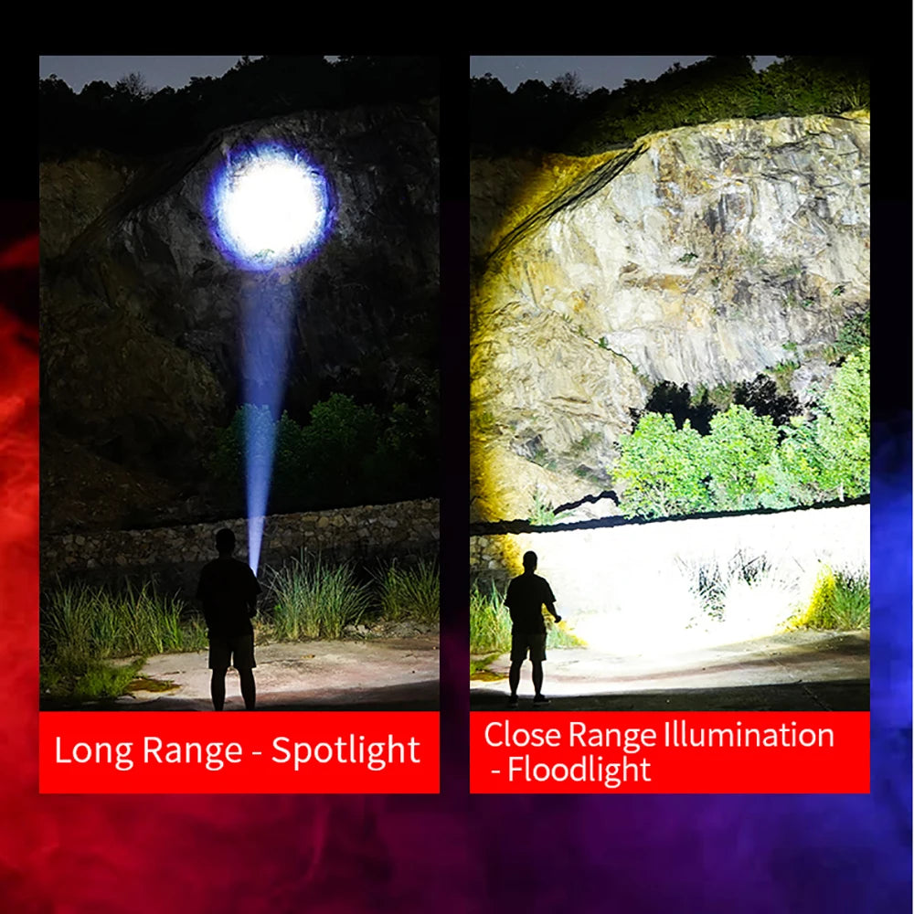 LED Flashlight Type-C USB Rechargeable Long Range Tactical Torch Strong Light Lamp Outdoor Ultra Powerful Flash Light