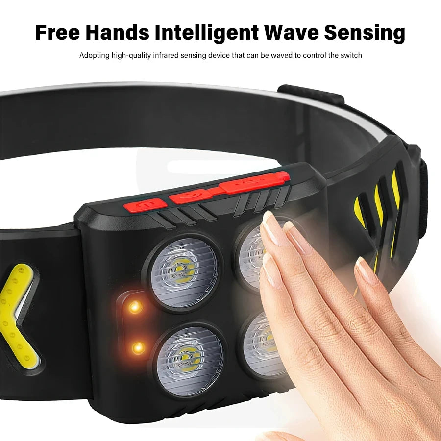 Ultra Bright XPE+COB LED Sensor Headlamp Type-C Fast Charging Headlight Outdoor Portable Waterproof Camping Fishing Headlight