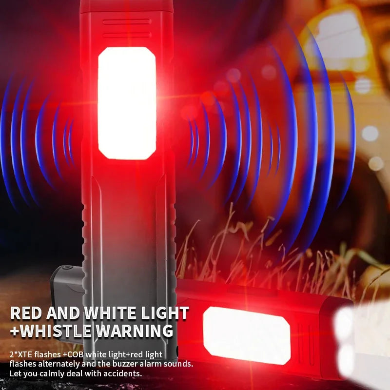 New Multi-Functional USB Rechargeable Work Light with Sound Alarm Strong Magnetic COB Aluminum Clip Pen Torch Handheld Flashlight