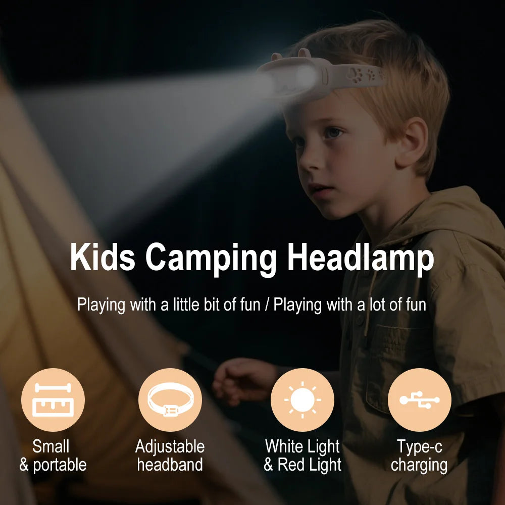 Kids Rechargeable LED Headlamp with Built-in Battery 4 Lighting Modes Waterproof Head Torch for Outdoor Camping & Gifts