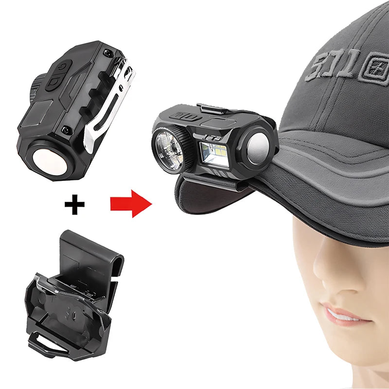 Emergency Rechargeable XPE headlight featuring pen clip, built-in battery, magnetic suction, and intelligent LED strong light
