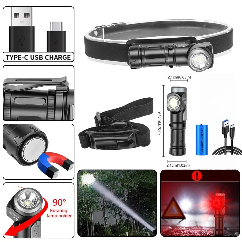 LED+COB waterproof Head Flashlight Type-C Rechargeable 90° Adjustable Portable Headlight Indicator Magnet Tail Camping Torch