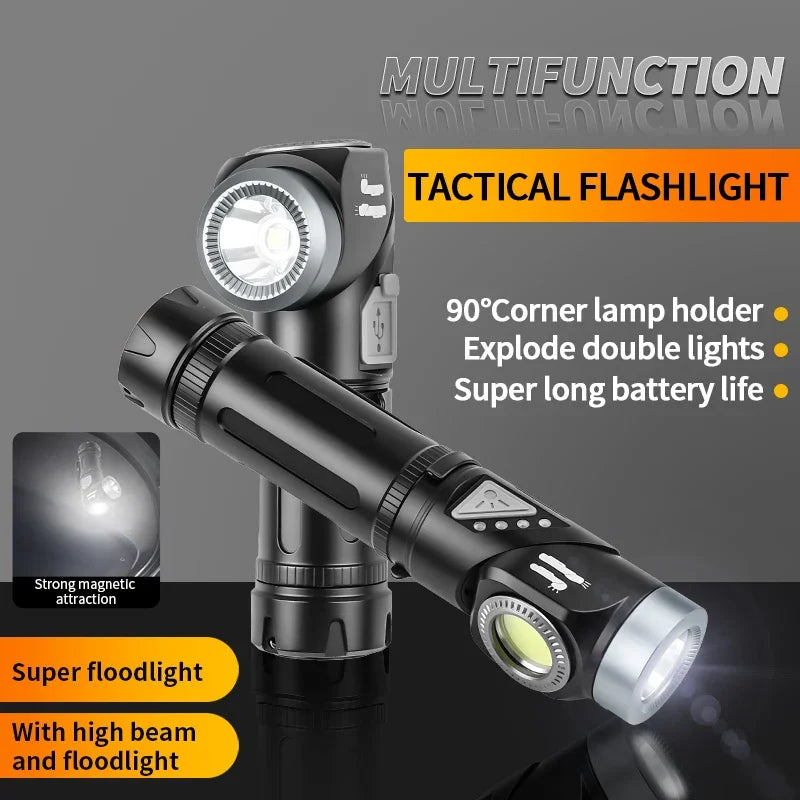 LED+COB waterproof Head Flashlight Type-C Rechargeable 90° Adjustable Portable Headlight Indicator Magnet Tail Camping Torch