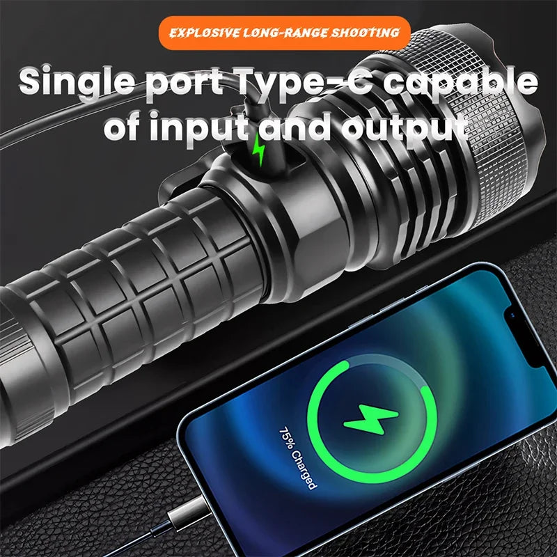 Multifunctional XHP160 Ultra-Bright LED Flashlight Type-C Charging High-Intensity Beam & Emergency Window-Breaking Tool