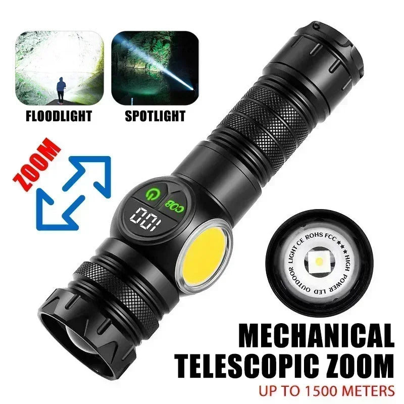High Power LED Flashlight USB Rechargeable Light Telescopic Zoom Torch Digital Display Tail Magnetic Working Emergency Lantern
