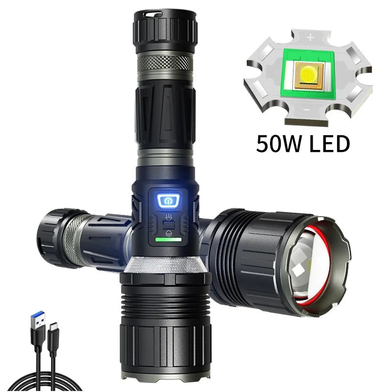 50W white laser flashlight that is extremely bright and has long-range capabilities. The lotus-shaped head can break windows