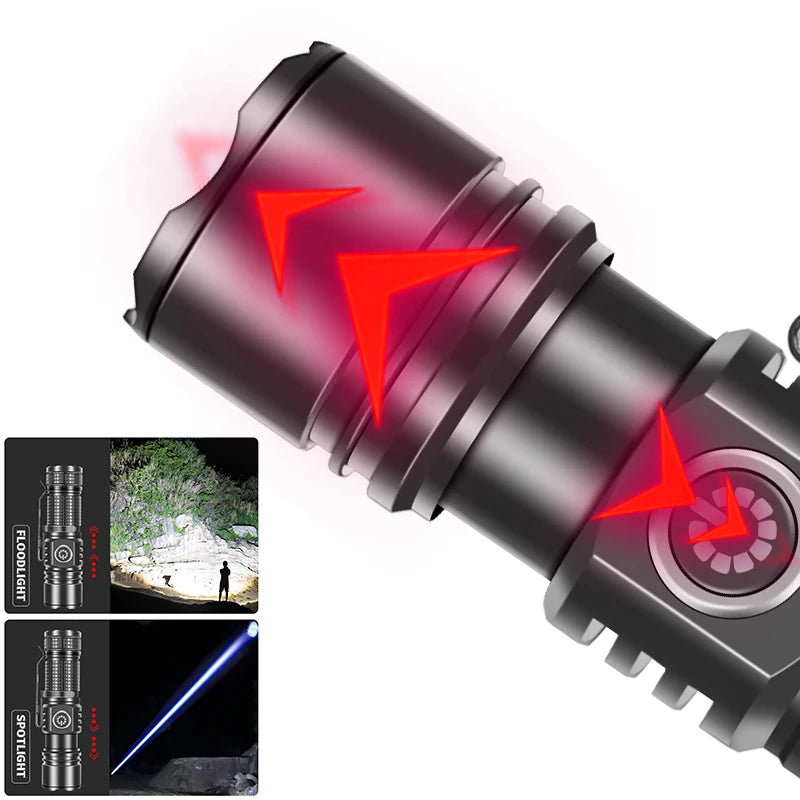 30W LED EDC Flashligh 3 Modes Tactical Light 1200LM 1000M Range Telescopic Zoom Lamp USB-C Rechargeable Outdoor Camping Bright