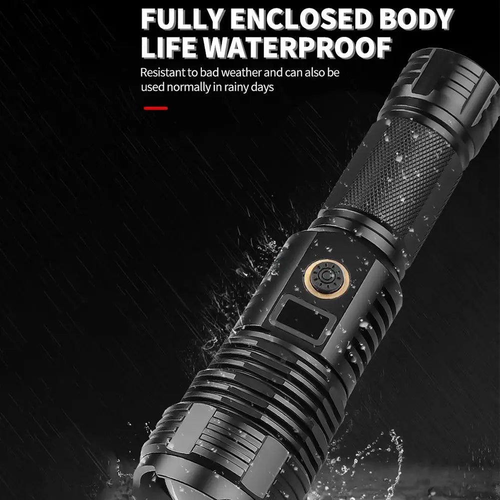 Outdoor Led Flashlight Ip67 Waterproof Powerful Digital Display Zoom Type-c Usb Rechargeable Work Light Xhp70