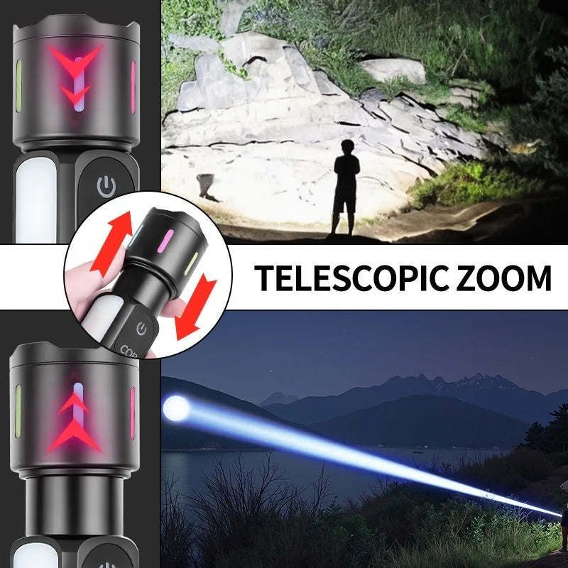 USB Rechargeable Flashlight COB Side Light Battery Indicator Telescopic Zoom Super Bright for Camping Hiking Emergency Lighting
