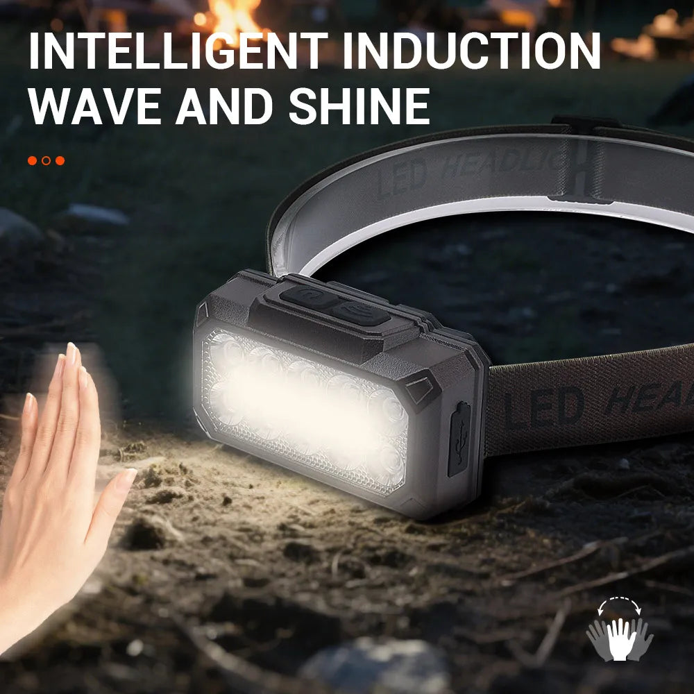 10 LEDs Motion Sensor Headlamp Type-c Rechargeable Built-in Battery Headlight Waterproof Head Torch Camping Lantern