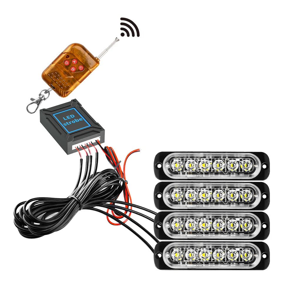 مجموعة مصابيح LED 4X 6 مع جهاز تحكم عن بعد لاسلكي لشبكة السيارة الأمامية ومصباح طوارئ وامض ومصباح تحذير للشرطة بجهد 12 فولت و24 فولت