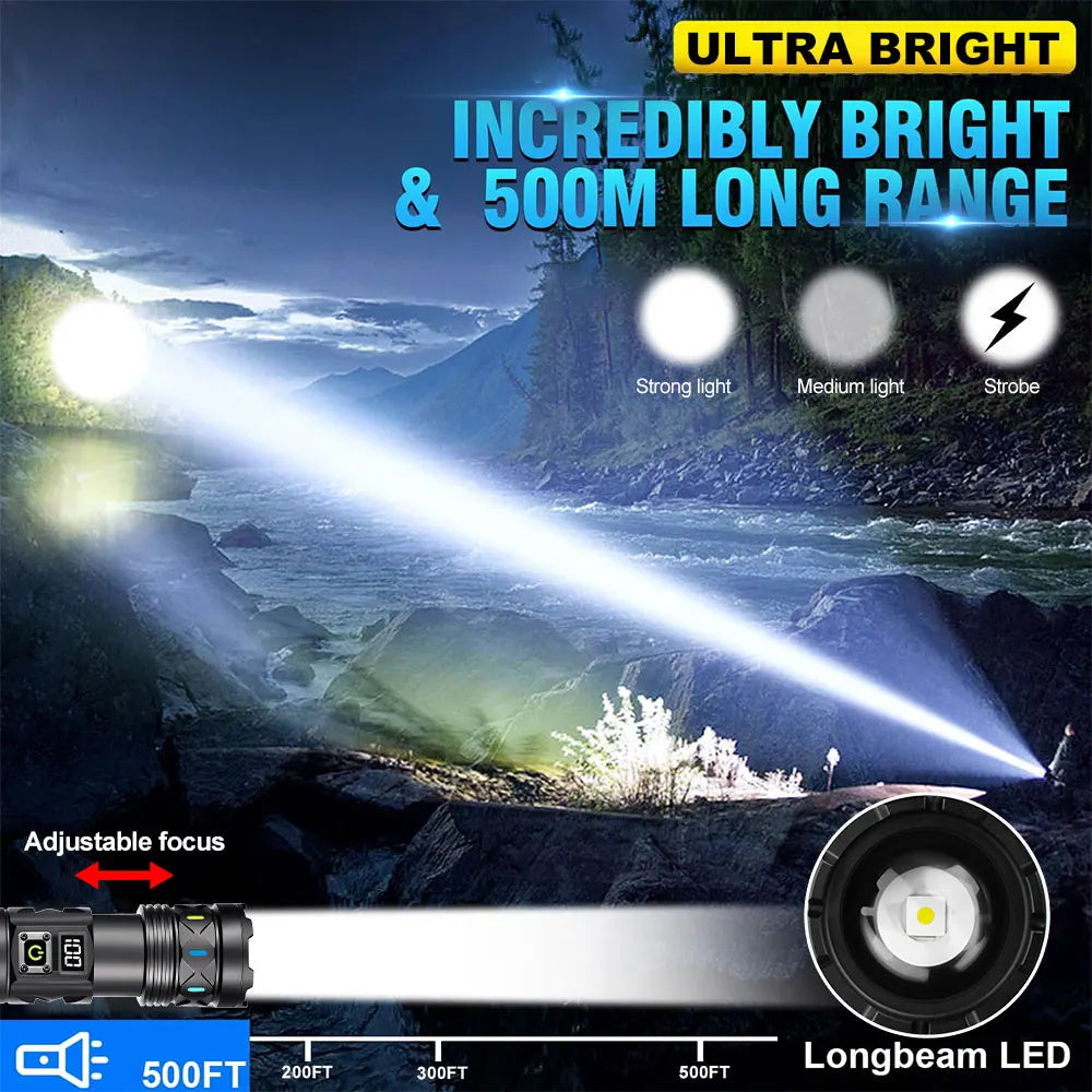 High Power Rechargeable LED Tactical Flashlight 6600MAH Aluminum Alloy Telescopic Zoom Torch Lamp for Outdoor Camping Fishing