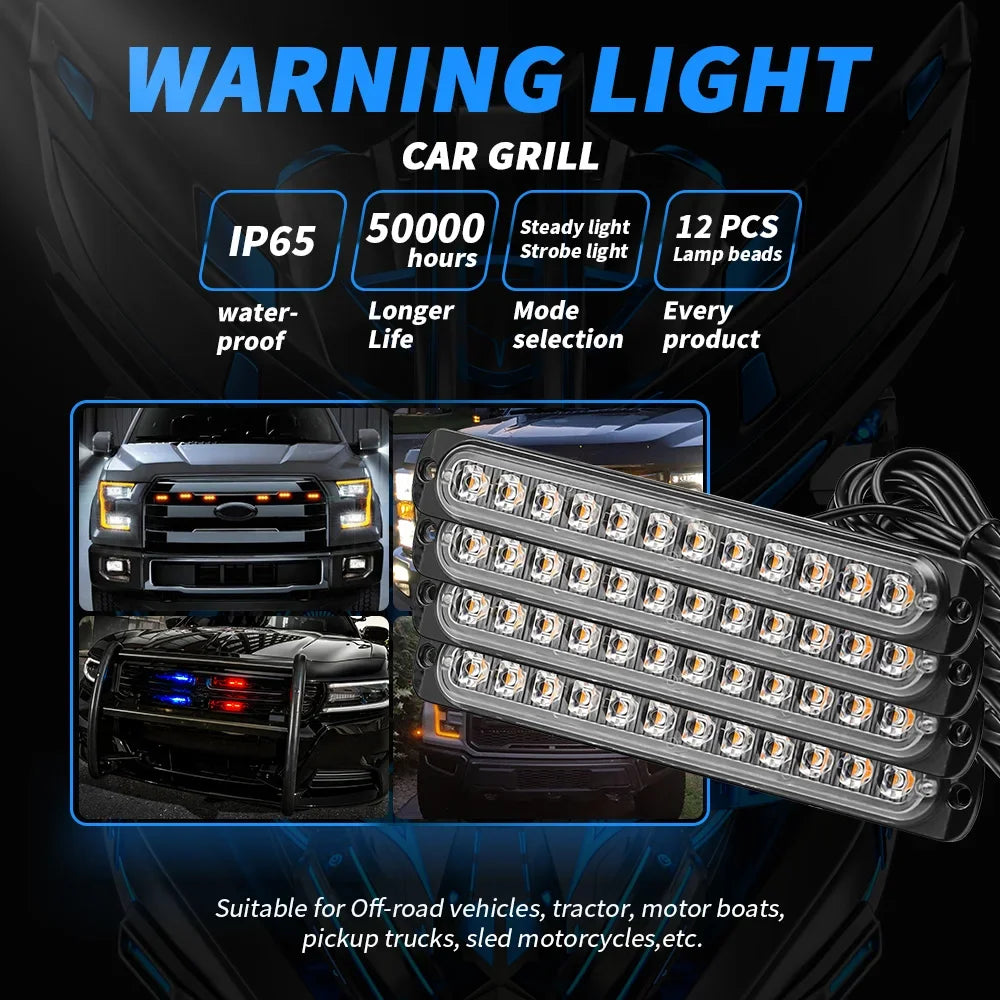 4pcs Led Kit 12SMD Strobe Warning Light Strobe Grille Flashing Lightbar Truck Car Beacon Lamp Amber Traffic Light 12V Car Light