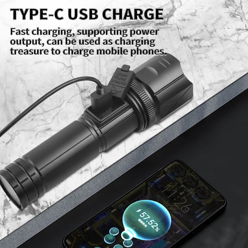 Linternas LED recargables de alto lumen, linterna superbrillante con zoom de 8000 lúmenes, con cable USB, 3 modos, portátil y potente