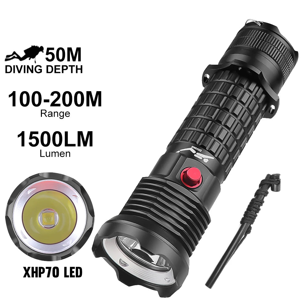XHP70 LED 50M Underwater Diving Flashlight 1500LM 200M Range IPX8 Waterproof Scuba SOS Light Magnetic Switch Torch