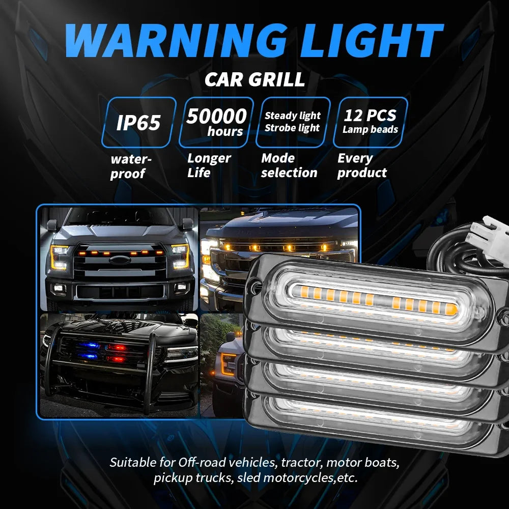 4x Led Harness Control Switch 12SMD Strobe Warning Light Grille Flashing Lightbar Truck Car Beacon Lamp Amber Traffic Light 12V