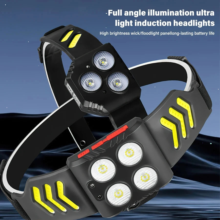 Ultra Bright XPE+COB LED Sensor Headlamp Type-C Fast Charging Headlight Outdoor Portable Waterproof Camping Fishing Headlight