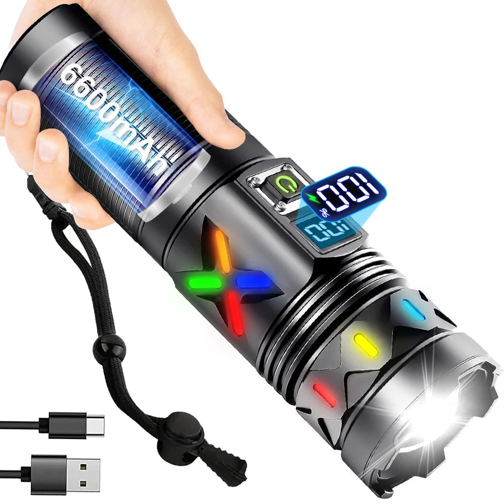 High Power Rechargeable LED Tactical Flashlight 6600MAH Aluminum Alloy Telescopic Zoom Torch Lamp for Outdoor Camping Fishing