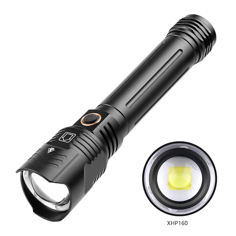 1800LM XHP99 Powerful LED Flashlight XHP90 XHP160 High Power Torch Light Rechargeable Tactical Outdoor Lights 18650 USB Camping