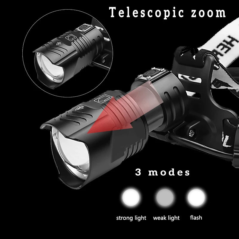 Zoomable Headlamp Outdoor Camping Light XHP90 LED Headlight 18650 Battery USB Rechargeable Waterproof Emergency Head Flashlight