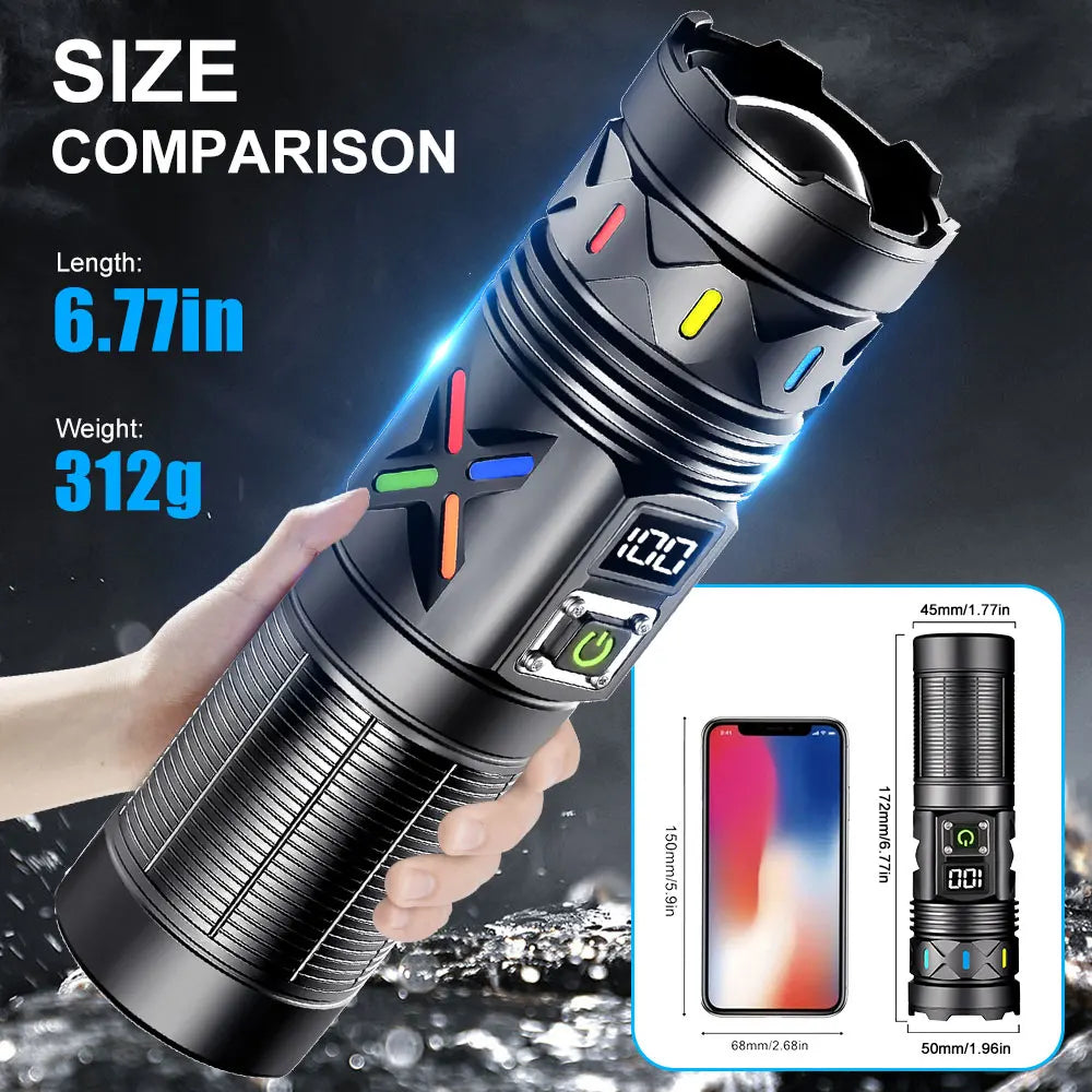 High Power Rechargeable LED Tactical Flashlight 6600MAH Aluminum Alloy Telescopic Zoom Torch Lamp for Outdoor Camping Fishing