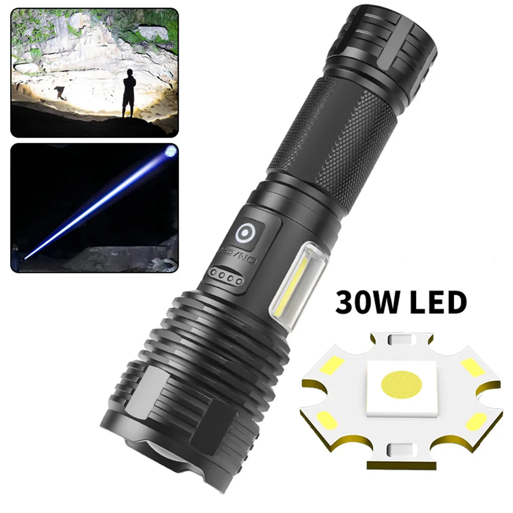 Linterna de alta potencia con luz lateral, linterna de camping de largo alcance con carga USB, resistente al agua IPX4 para cortes de energía