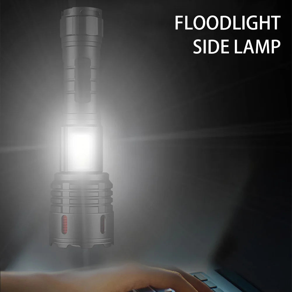 Handheld LED Flashlight with COB Side Light Super Bright Flashlight USB Charging IPX4 Waterproof Power Display for Power Outages