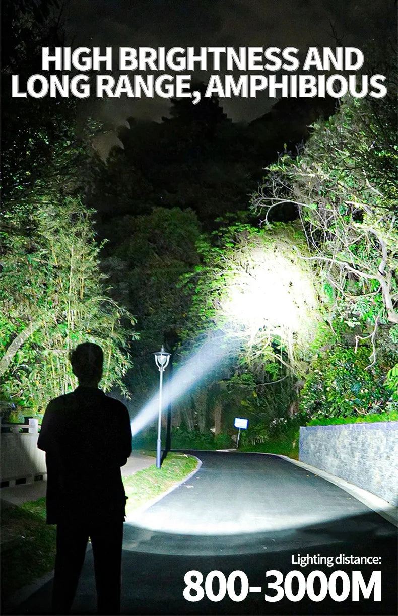 Powerful 3000 Meters LED Flashlight With Side Light 7 Modes USB Rechargeable With 300W Tactical Lantern Camping Lanter
