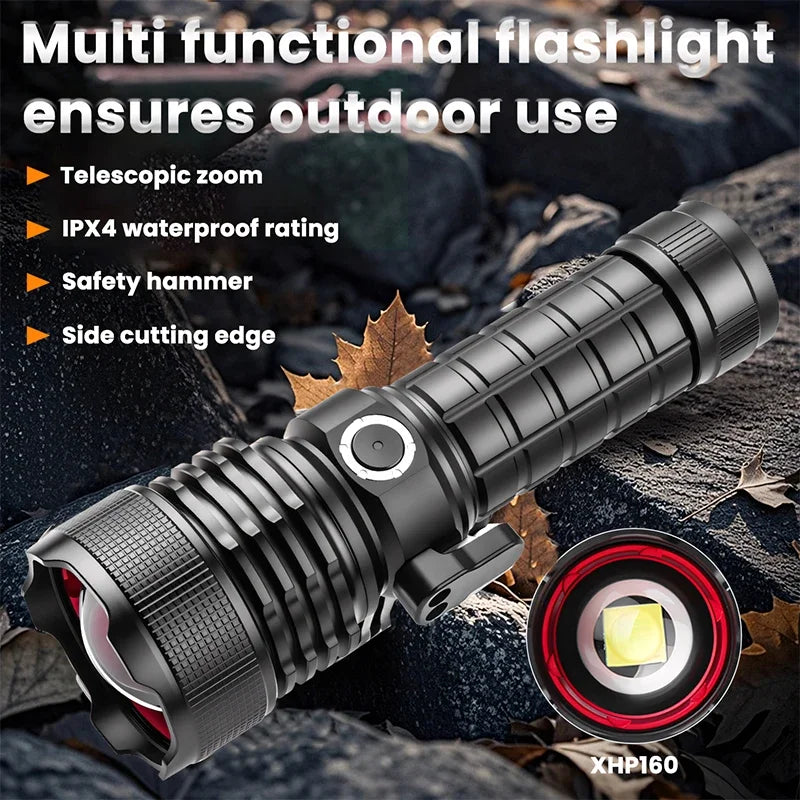 Multifunctional XHP160 Ultra-Bright LED Flashlight Type-C Charging High-Intensity Beam & Emergency Window-Breaking Tool