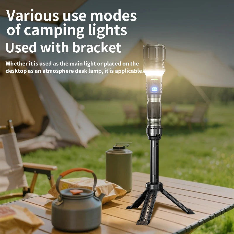50W white laser flashlight that is extremely bright and has long-range capabilities. The lotus-shaped head can break windows