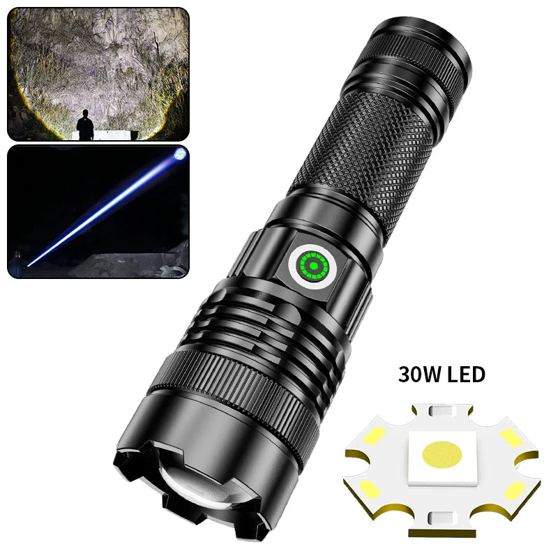 30W LED 15.7cm Pocket Flashlight Zoomable Fishing Spotlight Hiking Floodlight 1800mA USB-C Camping Emergency Torch 4Mode Warning