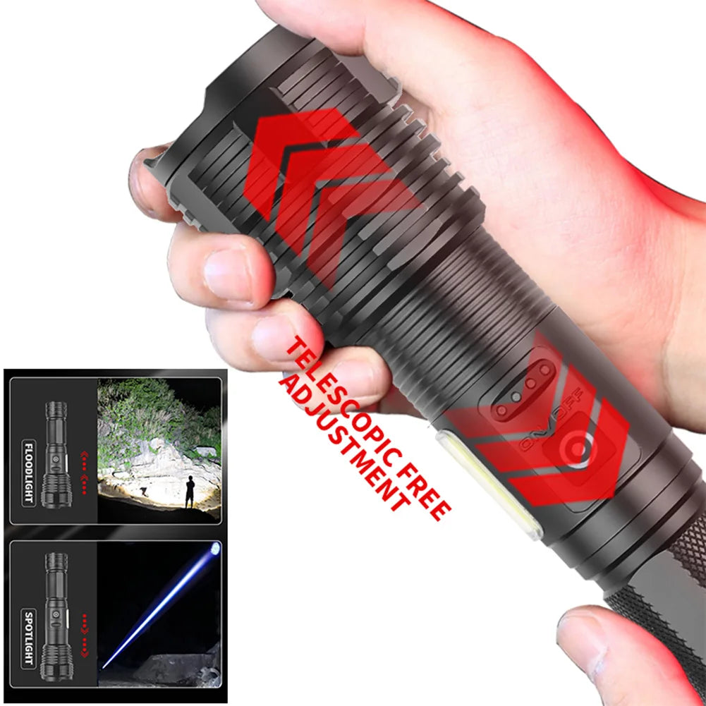 Linterna de alta potencia con luz lateral, linterna de camping de largo alcance con carga USB, resistente al agua IPX4 para cortes de energía
