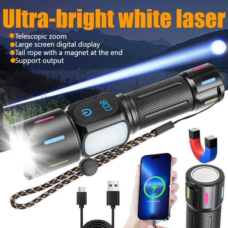 USB Rechargeable Flashlight COB Side Light Battery Indicator Telescopic Zoom Super Bright for Camping Hiking Emergency Lighting