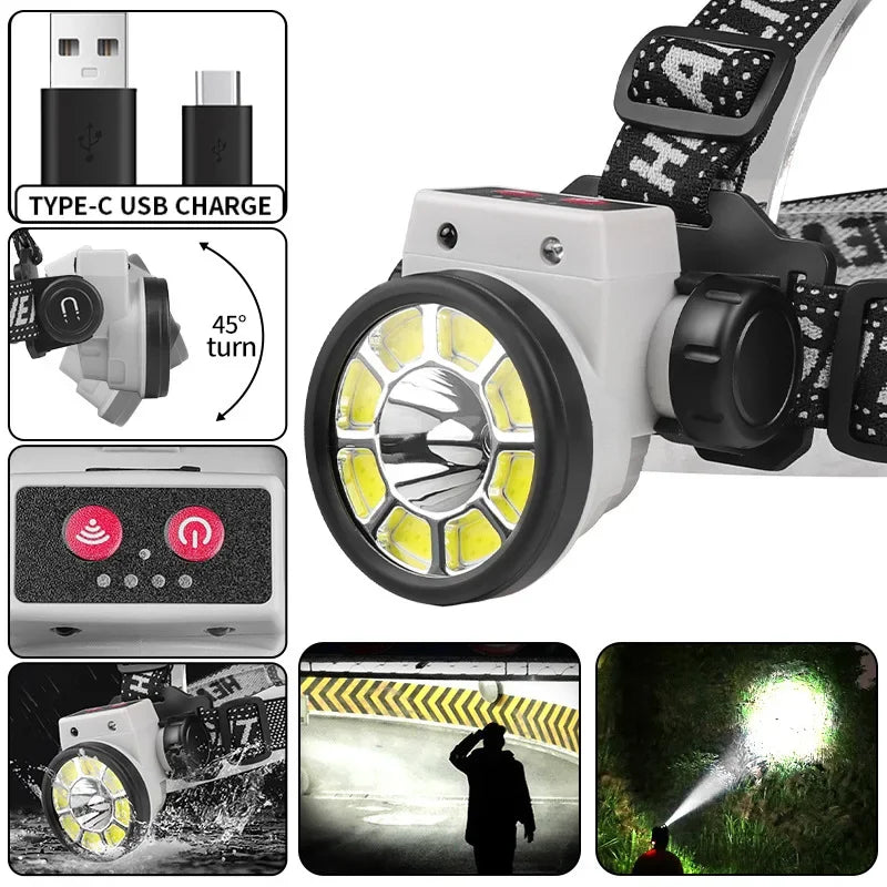 Outdoor Night Fishing Head Flashlight Headlight COB Strong Magnetic Working Headlamp Led Strong Wave Induction Headlight