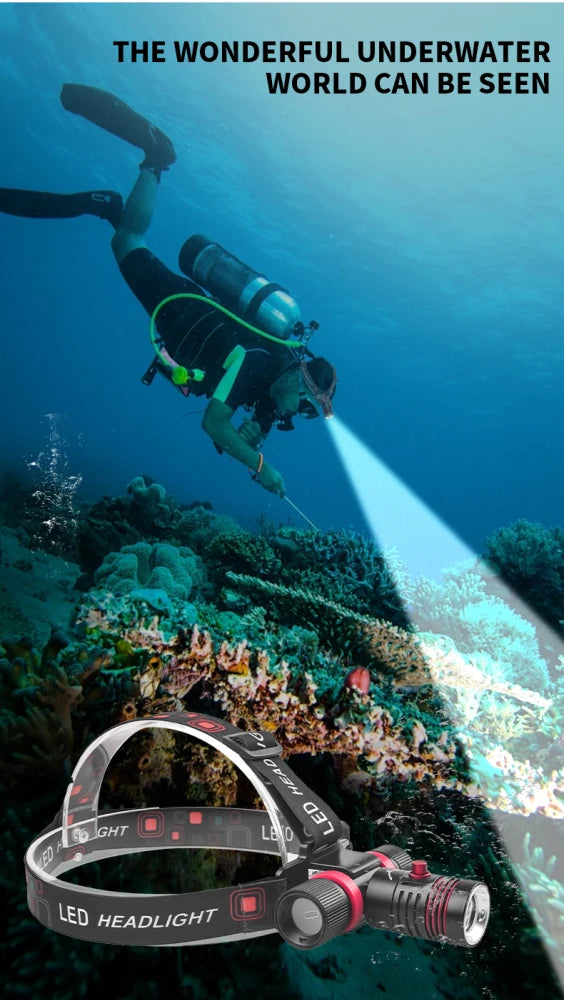 Linterna frontal de buceo con fuente de luz potente L2 resistente al agua, aleación de aluminio, linterna de ajuste libre de ángulo de 180° de larga duración