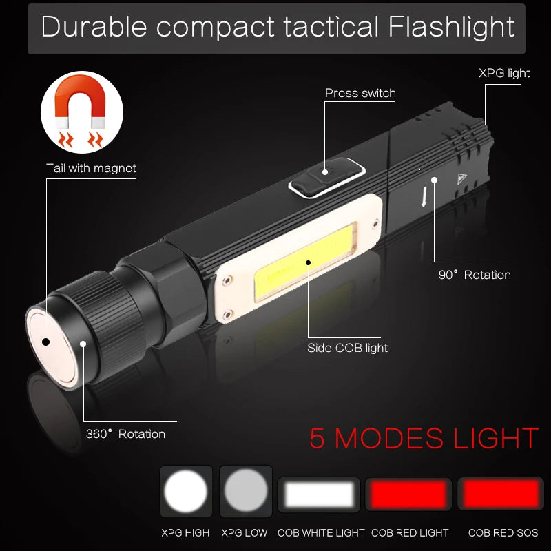 15000LM Handfree Tactical Flashlight Dual Fuel 90 Degree Twist Rotary Clip Rechargeable Super Bright 5 Modes LED Torch Outdoor