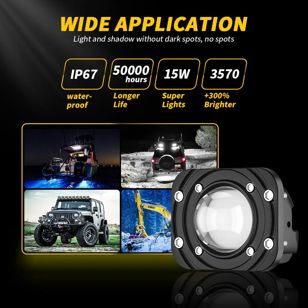 Nuevo foco LED cuadrado blanco y amarillo de dos colores integrado para coche, luz de trabajo LED modificada, luz antiniebla, luz de conducción todoterreno de 12 V y 24 V