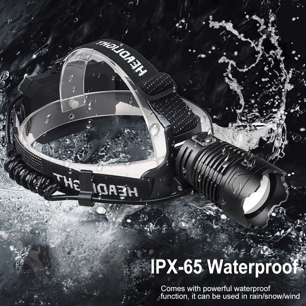 Linterna frontal LED de alta potencia XHP360 de 2000 m, superbrillante, para exteriores, de largo alcance, táctica, con batería externa de emergencia, para uso con 18650