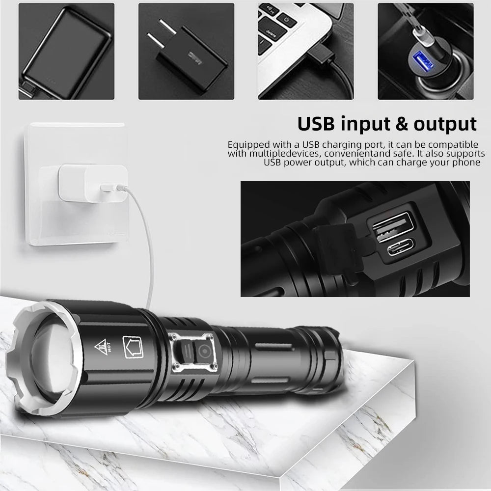 XHP160 LED Flashlight Powerful Fishing Torch 26650 USB Rechargeable Camping Lantern Zoom Waterproof Power Bank Tactical Light