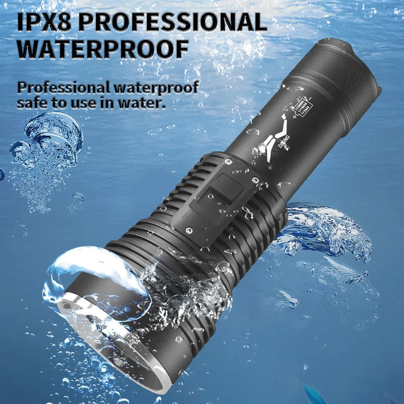 Linterna de buceo profesional IPX8 con láser blanco de 600 W, 5000 m, 10 000 lm, resistente al agua IPX8