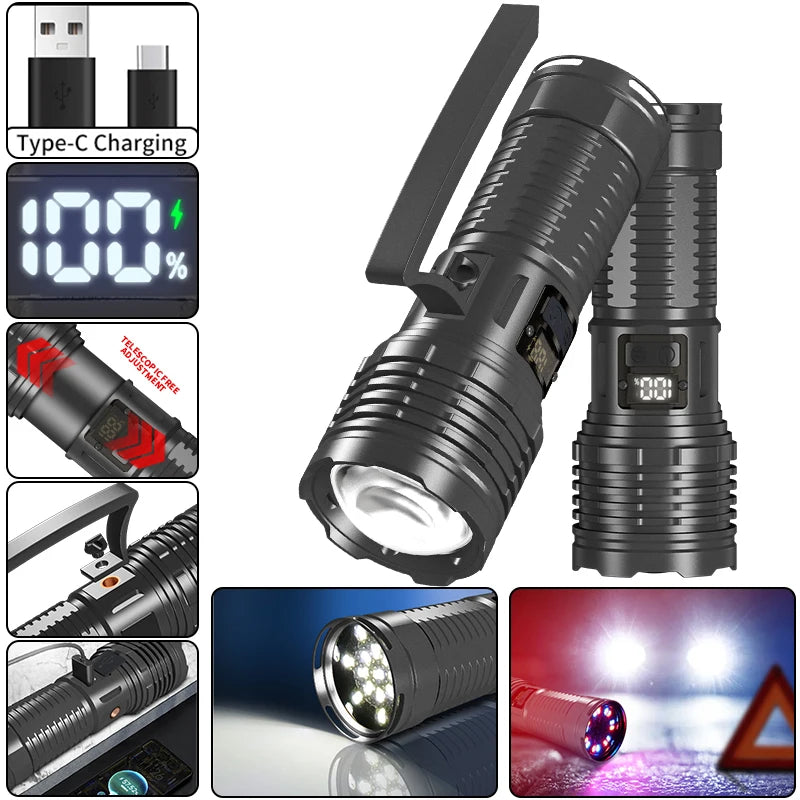 LED flashlight TYPE-C USB charging built-in battery High power waterproof zoom 4-speed adjustment Multi-function outdoor camping