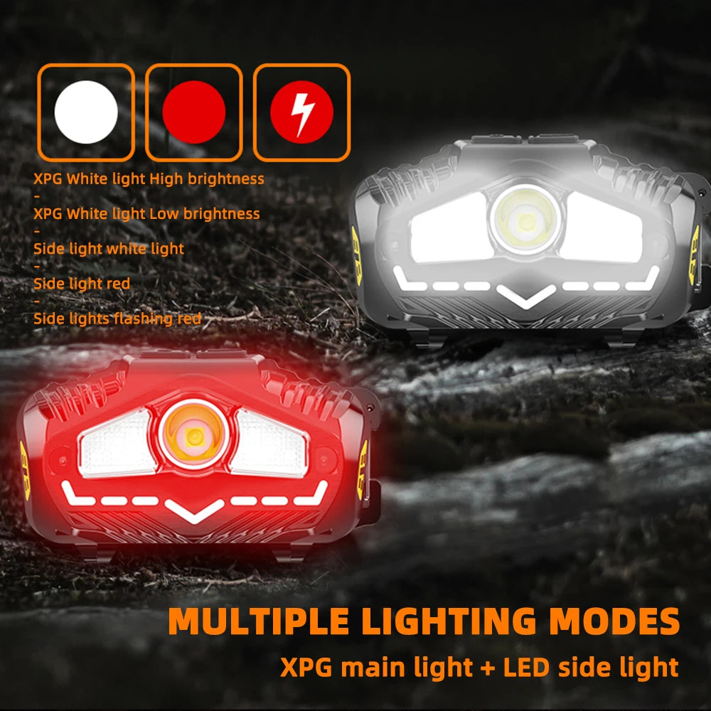 USB Rechargeable Headlight XPG+COB Sensor Headlamp Red Warning Riding Light Waterproof Induction Wave Hand Head Flashlight Fish
