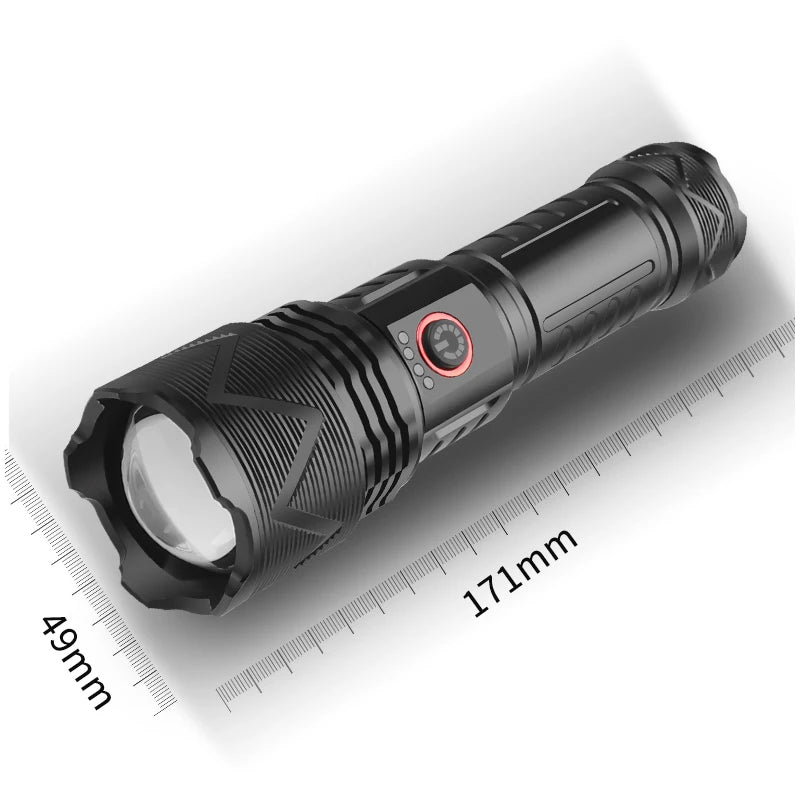 Linterna LED de alta potencia con carga USB XHP70, linterna superbrillante, 4 modos de iluminación, lámpara recargable a prueba de agua