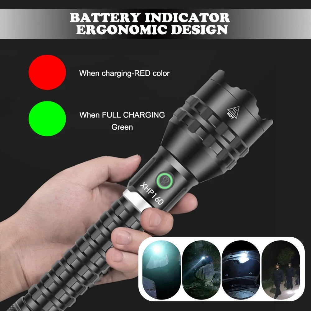 XHP160 LED Flashlight Type-c USB Rechargeable Torch IPX4 Waterproof Telescopic Zoom Lantern 5 Modes Lamp Camping Outdoor