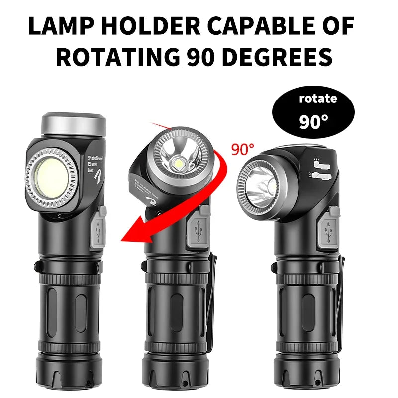 LED+COB waterproof Head Flashlight Type-C Rechargeable 90° Adjustable Portable Headlight Indicator Magnet Tail Camping Torch