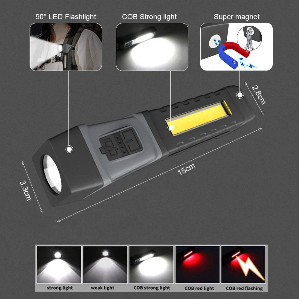 Dual Light Source LED COB Flashlight Super Bright Handfree 90 Degree Rotary Waterproof Magnet Lighting LED Torch For Camping